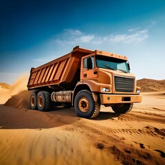 A sizable dump truck moving across the dry desert, with golden sands stretching into the distance.