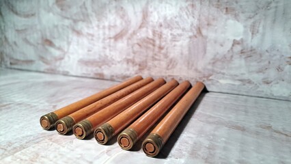 Vintage pen holder with close up and copy space