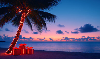 Tropical Christmas Scene with Palm Tree Decorated with Lights and Presents on the Beach at Sunset