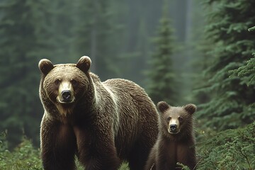 Obraz premium A mother bear stands protectively beside her cub in a lush forest setting.