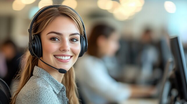 mature woman in a call center environment smiling while helping customers through CRM and telemarketing, wearing a headset with mic, and showcasing professional and friendly customer service