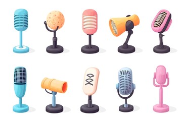 Colorful 3D Microphone Icons and Objects Collection in Cartoon Minimal Style on Transparent White