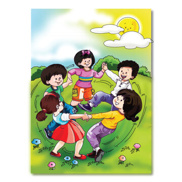 Children holding hands playing English rhymes design