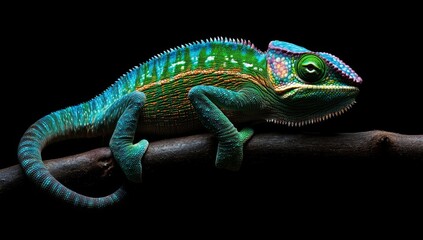 Obraz premium A vibrant chameleon perched on a branch, showcasing its intricate scales and bright colors.