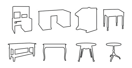 Sketch of tables of different shapes, silhouettes of a piece of furniture