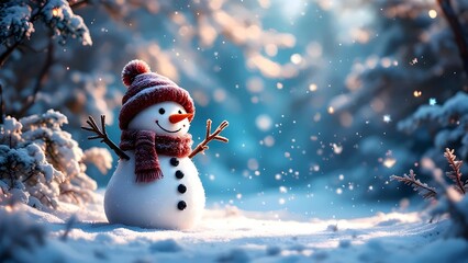 Smiling Snowman in a Snowy Forest with Falling Snow
