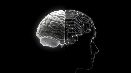 minimalistyczna, sztuczna inteligencja, mózg, technologia, AI, obwody, ludzki umysł, cyfrowa przyszłość, symbolika, połączenie, inteligencja, nowoczesność, cybernetyka, przyszłość technologii, sztuczn