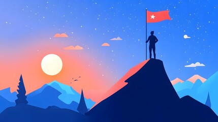 Obraz premium Minimalist vector illustration of an individual standing on a peak