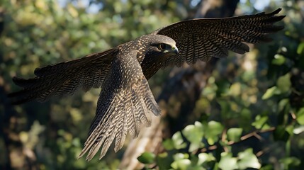 Obraz premium A hawk in mid-flight among lush greenery, showcasing its majestic wingspan.