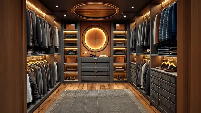 This stylish wooden closet features a spacious arrangement of suits and neatly stacked clothes, enhanced by warm lighting and modern furnishings.