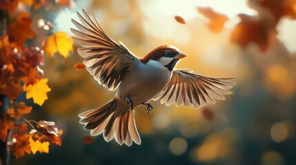 Obraz premium A small bird is flying gracefully in the open air with wings spread