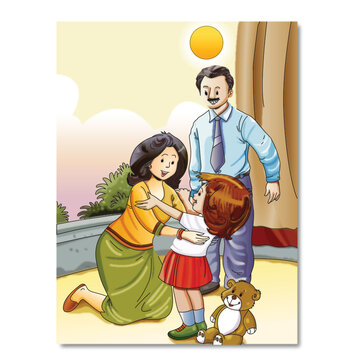 Mother caressing baby father standing next to it English Rhyme Books Design