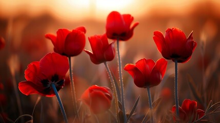 Fototapeta premium A field of red flowers with the sun in the background