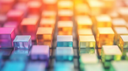 Obraz premium Translucent cubes in a multitude of colors create a dynamic and abstract arrangement, with light reflecting off their surfaces