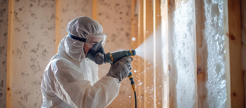 Construction Worker Applying Spray Foam Insulation for Energy Efficiency and Climate Control