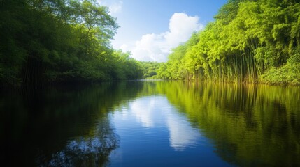 Obraz premium The serene bamboo forest creates beautiful reflections on still waters, surrounded by lush greenery and a bright blue sky