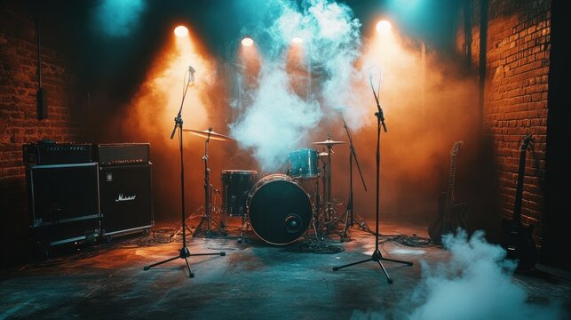 A Drum Set on a Stage with Smoke and Spotlights