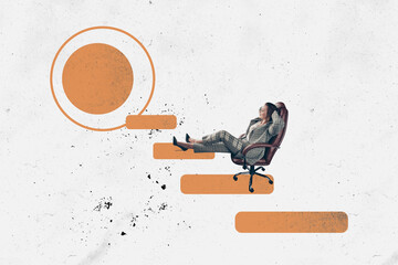 Creative collage picture young businesswoman sit armchair relax task done reach success project...