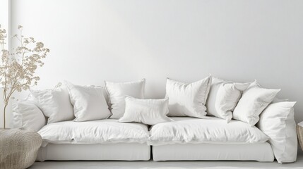 Obraz premium A white couch with soft pillows in a cozy living room