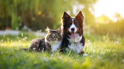 Cat and dog sitting together on grass in a sunny park