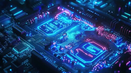 Fototapeta premium Close-up of a glowing blue and pink circuit board with a digital aesthetic.