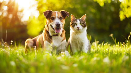 Dog and cat lying on grass together in a sunny garden