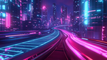 Obraz premium A futuristic cityscape illuminated by vibrant neon lights, showcasing a dynamic pathway through a stunning urban environment.