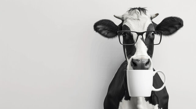 Illustration of a cow in cartoon style, a cow in beautiful glasses, unusual illustration, white background for advertising.