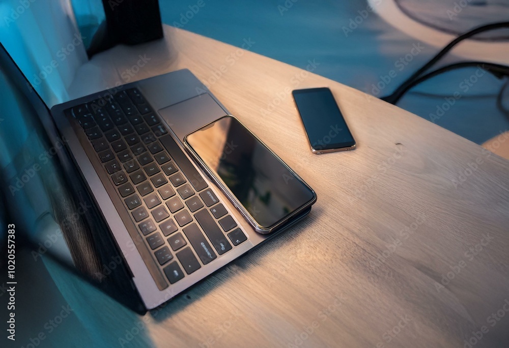 Poster a laptop computer and a smartphone are lying on a wooden table.