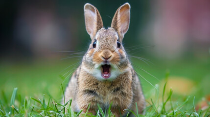 Fototapeta premium Surprised rabbit with open mouth sitting on grass in a natural setting