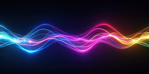 Flowing fluorescent waves of light on the dark background point of view