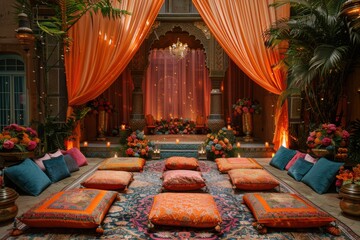 Obraz premium Brightly colored pillows and candles are arranged in a room with orange drapes