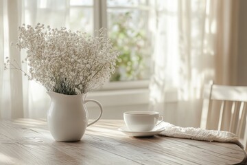 scandinavian dining space, a beautiful white wooden dining table in a scandinavian-style interior bathed in soft natural light with empty space for text