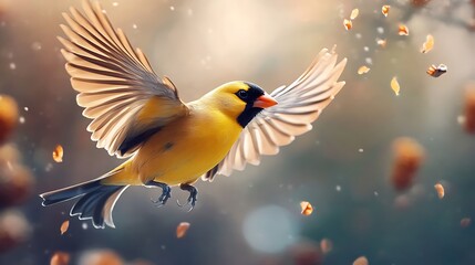 Obraz premium A vibrant yellow bird in flight amidst falling leaves, capturing the beauty of nature.