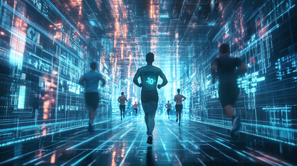 Dynamic scene of runners in a futuristic digital environment, showcasing technology and athleticism in motion.