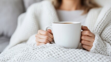 A woman enjoys her morning coffee in bed, wrapped in a warm blanket, savoring a quiet moment of relaxation
