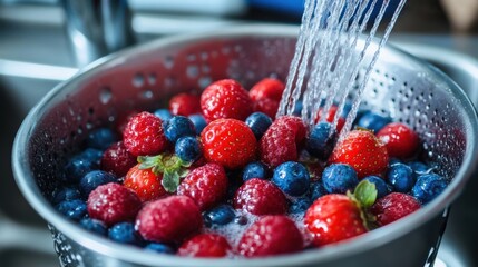 Fresh strawberries and blueberries are being rinsed in a kitchen sink under running water to prepare for a meal