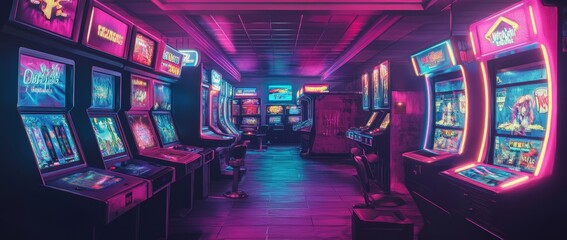 Illustration of an artistic concept of an old video games room, with a retro background.
