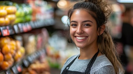 happy young female supermarket worker standing inside the grocery store smiling at the camera showing her positive and professional demeanor while assisting customers in a retail environment