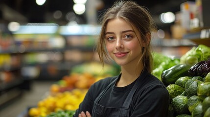 happy young female supermarket worker standing inside the grocery store smiling at the camera showing her positive and professional demeanor while assisting customers in a retail environment