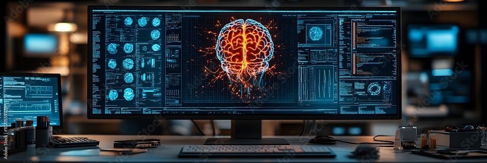 Aufkleber cutting-edge digital brain data visualization on high-tech display - innovative neuroscience and cog