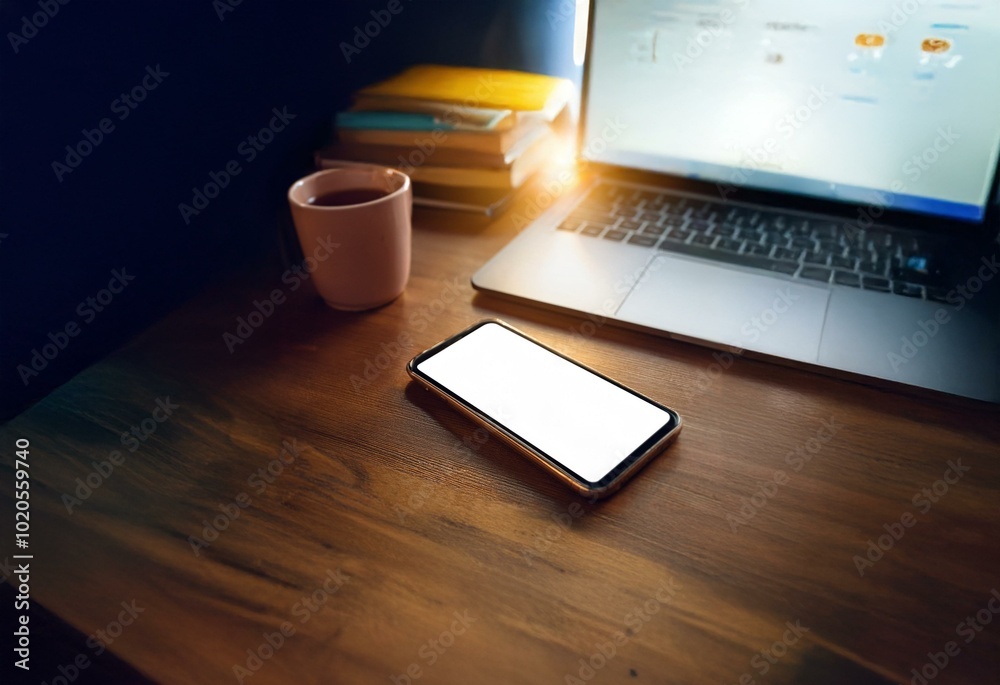Poster a wooden desk lit by a warm light. a laptop is sitting on the right side of the desk and a smart pho