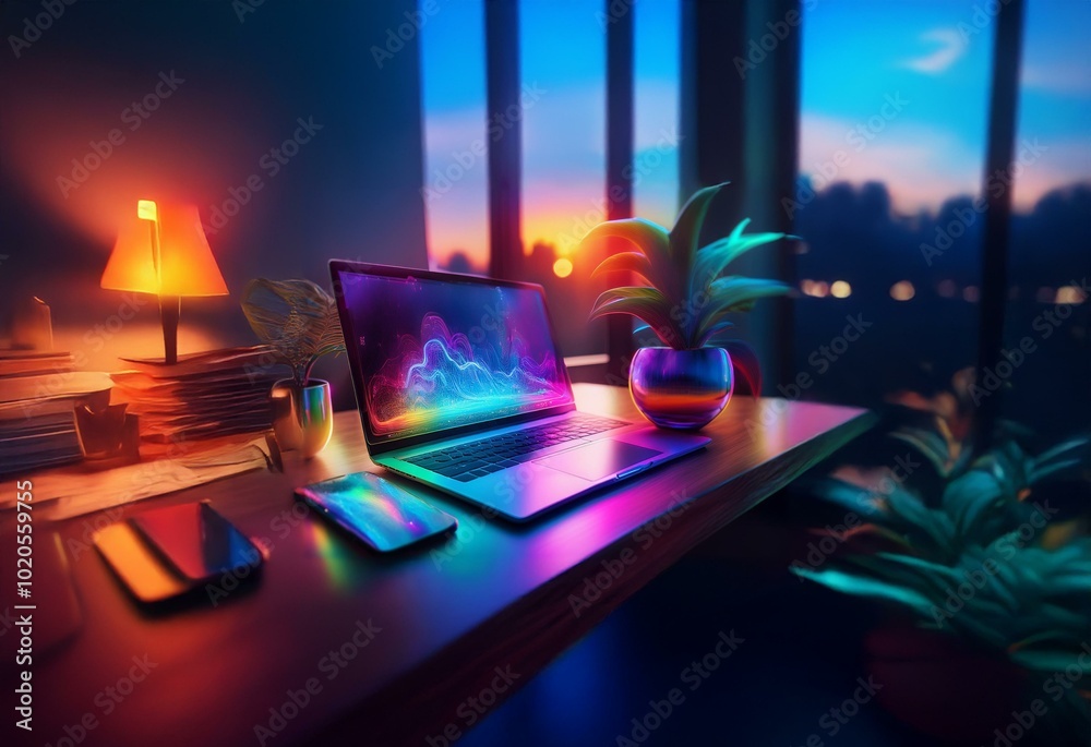 Poster a glowing laptop with a colorful graphic on the screen sits on a wooden desk with a small plant and 