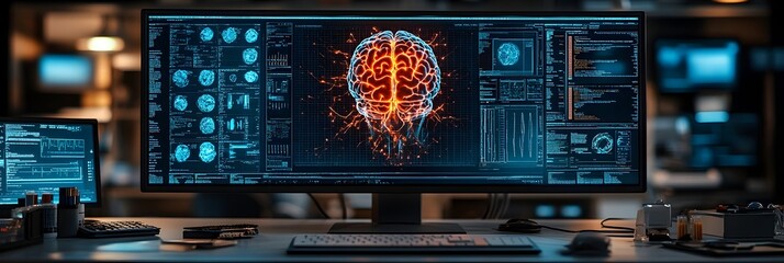 Fototapeta premium Cutting-Edge Digital Brain Data Visualization on High-Tech Display - Innovative Neuroscience and Cognitive Technology Concept