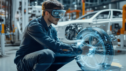 Automotive Engineer Using Augmented Reality Glasses to Design and Analyze a Virtual Car Tire Model in Factory