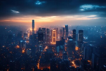 Vibrant cityscape at night, skyscrapers illuminated against a dark sky, taken from a high vantage point