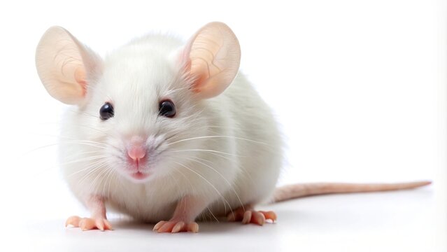 Forced perspective cute white mouse isolated on white background
