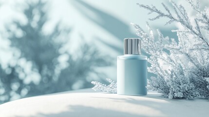 A winter-themed skincare bottle mockup on a soft white surface with blue and silver accents