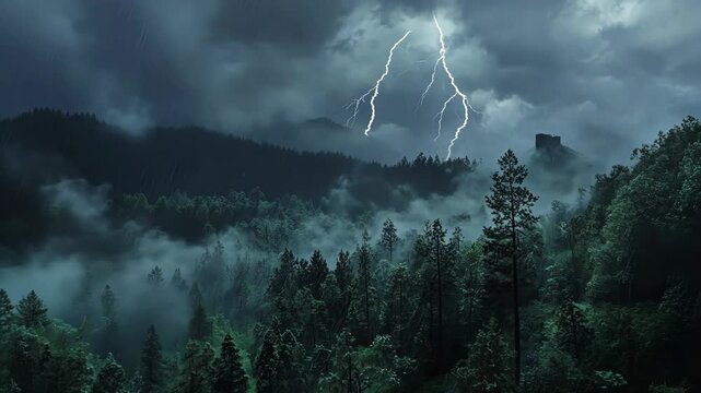 Lightning strikes over a dense forest shrouded in fog