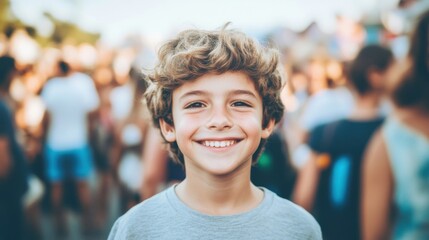 Fototapeta premium A cheerful young boy smiles broadly while surrounded by a busy crowd in an urban setting, conveying joy and excitement